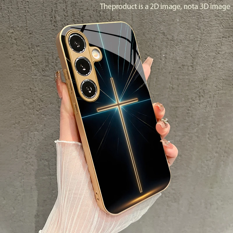 Neon Cross Pattern 2D Phone Case for Samsung S26 S25 S24 S23 S22 S21 S20 A56 A36 A16 Gold Glass Protective Cover