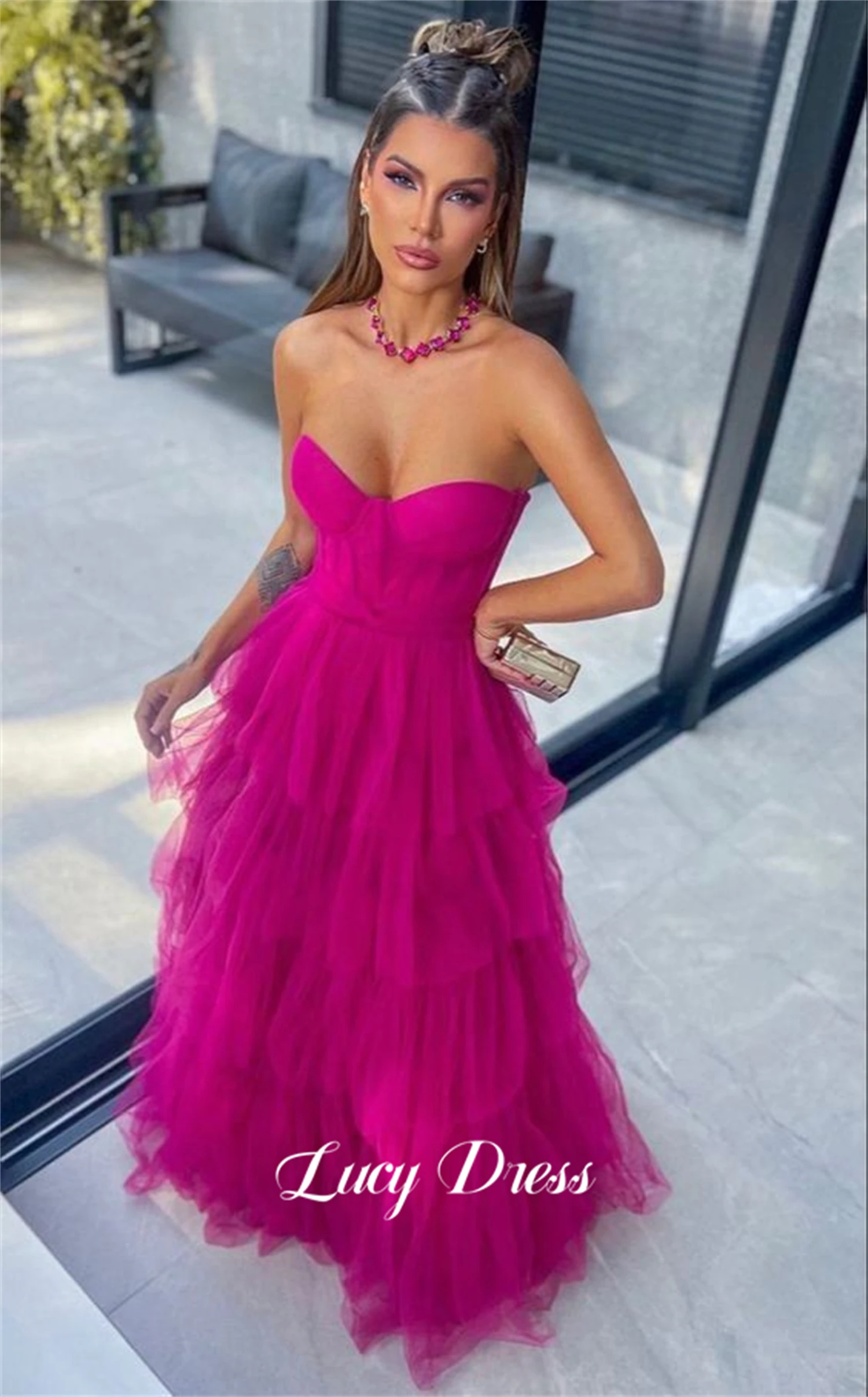 

Lucy Line A Strapless Graduation Gown Layered Mesh Prom Dress Bridesmaid Elegant Long Woman Party Dresses Robe De Soiree Femmes