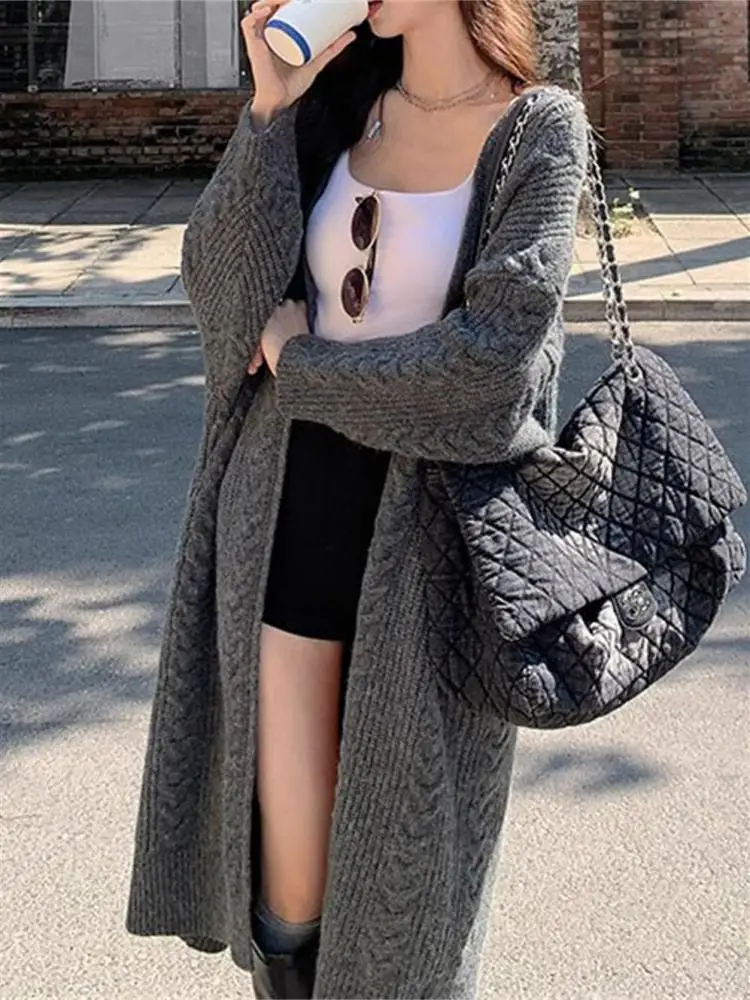 

Autumn Winter Solid Long Sleeved Cardigans Knitted Twists Sweater Korean Version Women Casual Vacation Loose Coat Clothing Trend