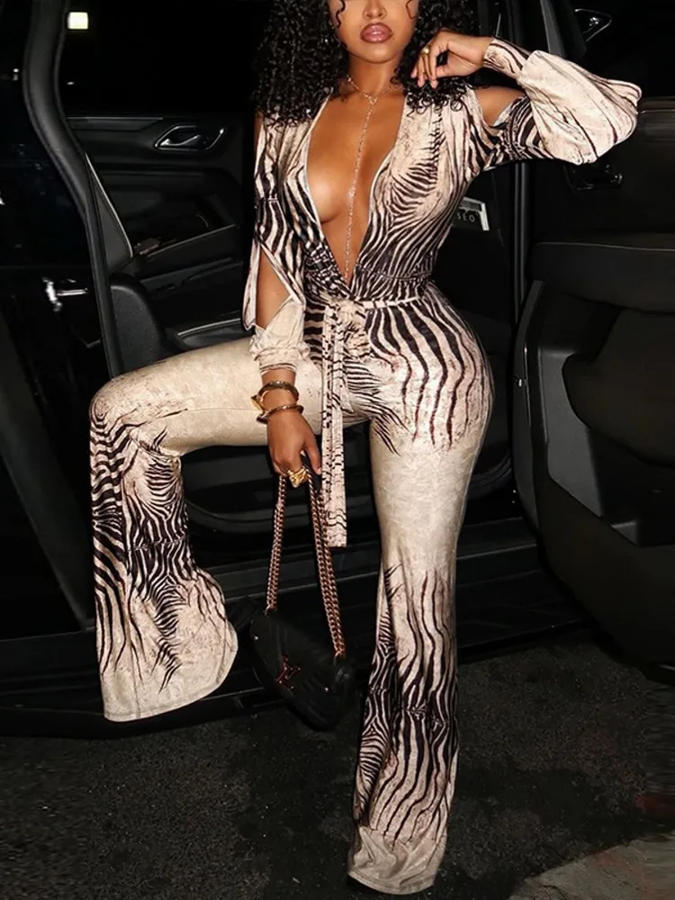 

Женские комбинезоны с принтом для весны и лета, с длинным рукавом, V-образным вырезом, свободные, модные, в уличном стиле, с широкими штанинами, 2026