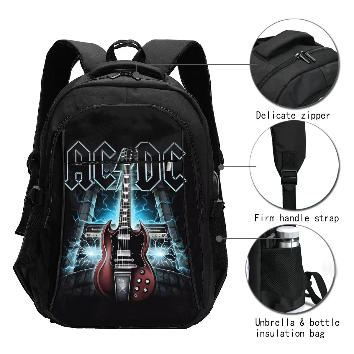 AC/DC Rock Band Travel Laptop Backpack, Business Water Resistant Backpack with USB Charging Port, College Bag for Men & Women