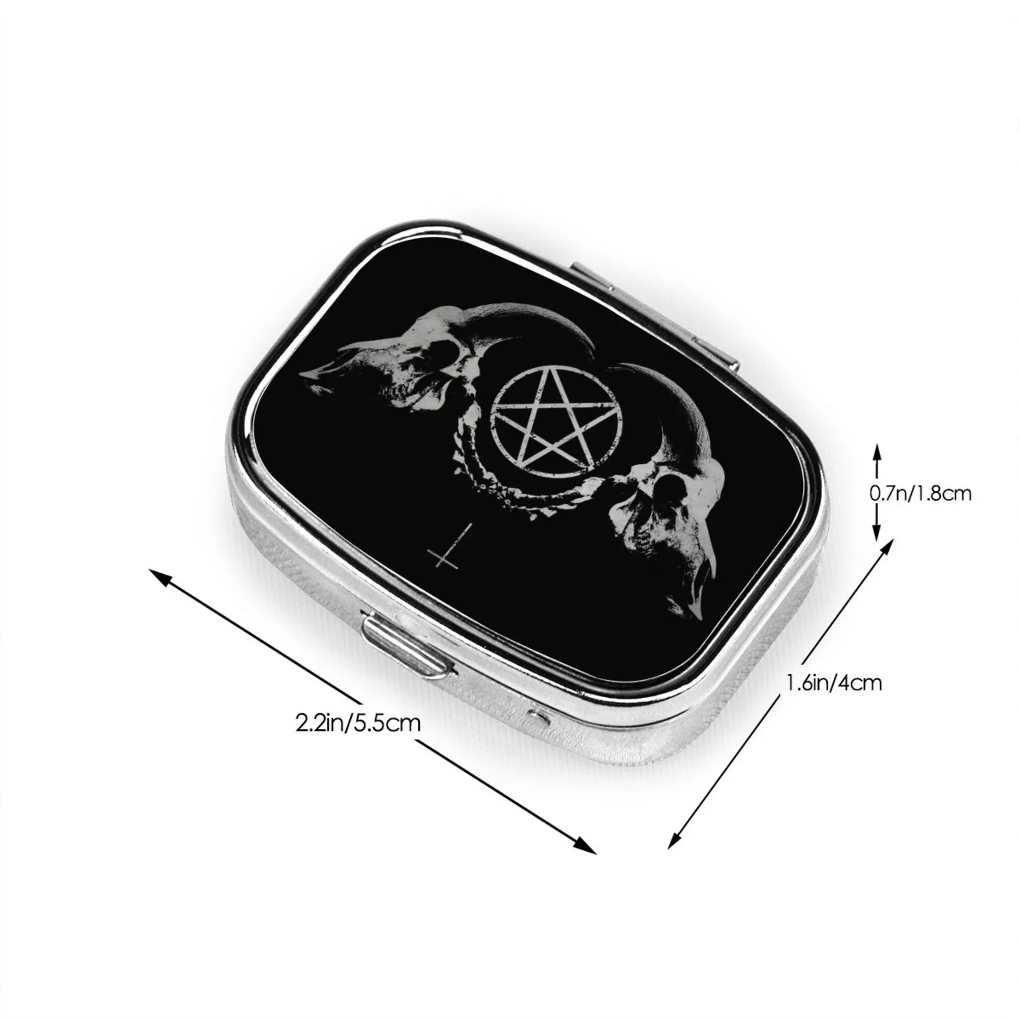 Pentagram Satantic Occult Church of Satan Goat Goth Pill Box 2 Compartment Medicine Pill Case Portable Metal Vitamin Organizer