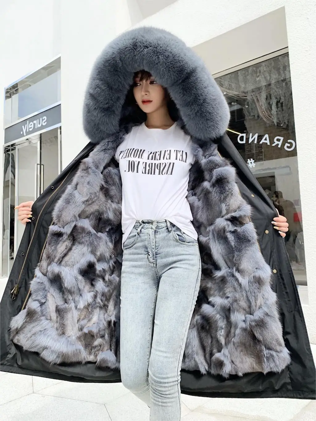 

natural women's winter 2023 hooded fox fur liner padded detachable long outerwear jacket coats fashion design warmfull clothes