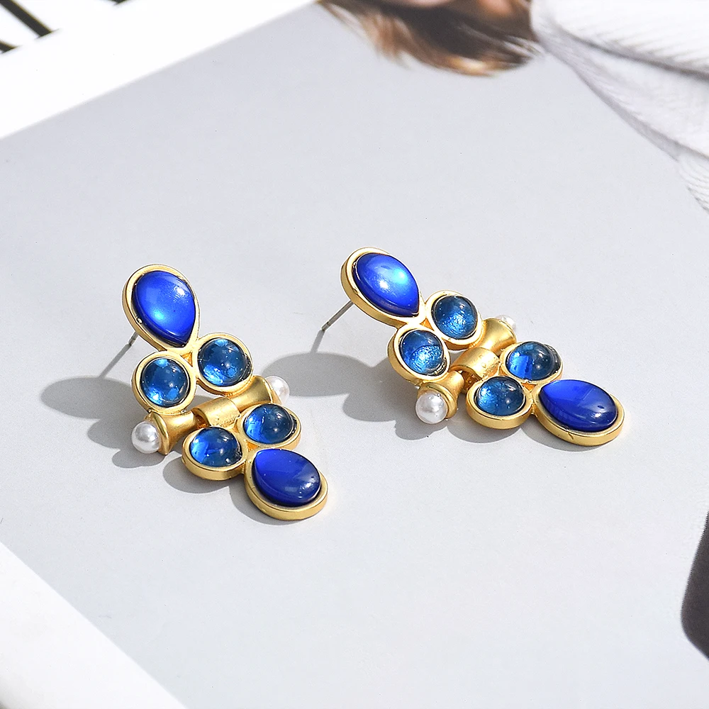 New Simple Metal Geometric Blue Crystal Drop Earrings for Women Vintage Round Imitation Pearl Drop Earrings Party Jewelry image 3