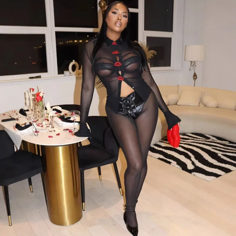 

Sexy Mesh See Through 2 Piece Sets Women Outfit Rave Festival Clothing Lip Button Long Sleeve Shirt Top and Leggings Midnight
