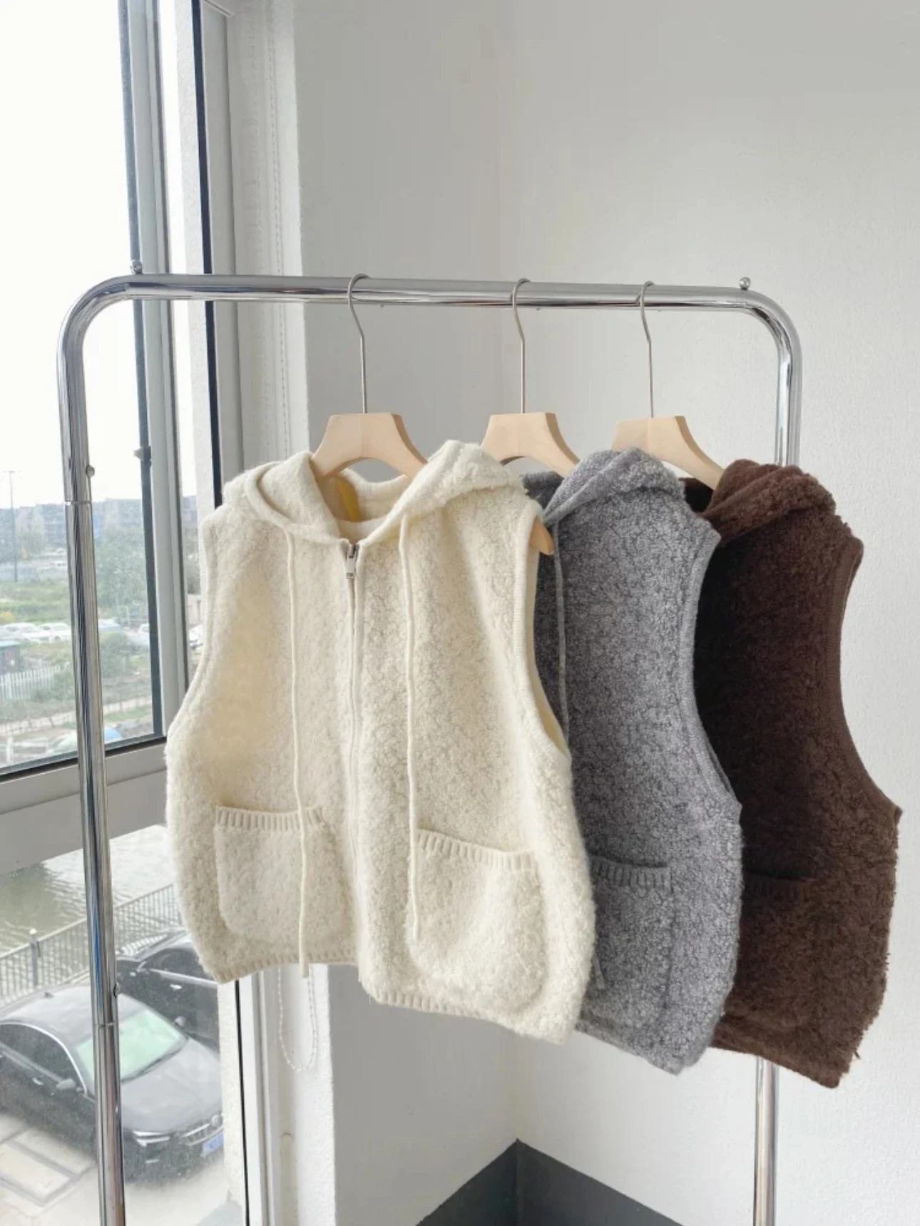 

Korean Sle Warmth Zipper Hooded Vest Outerwear ket ort Pure Color Versatile Comfortable Commute Winter Women's Sweater