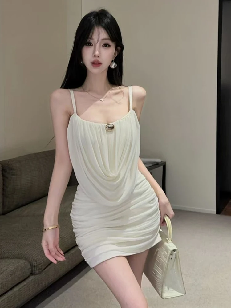 Sexy Pure Desire Sleeveless Mesh Dress with Bone Exposure Pleated Body Shaping Short Skirt High Waist Spring Summer Autumn Ca...