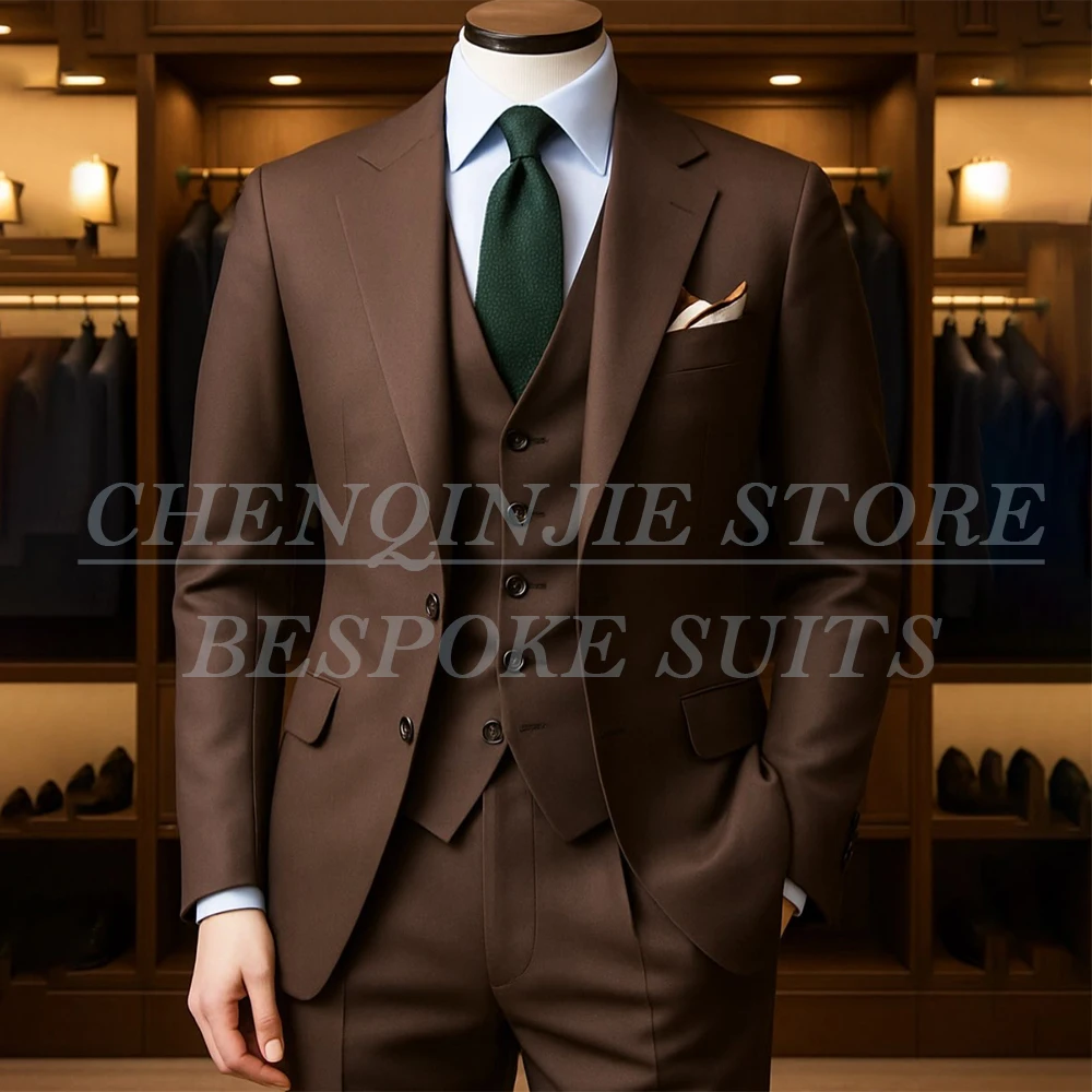 

Elegant Brown Men's Suits High Quality Business 3 Piece Jacket Pants Vest Formal Customzied Male Outfits Clothing Costume Homme
