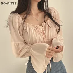 French Style Blouses for Women Prevalent Solid Flare Sleeve Thin V-neck Lace-up Design Slim Sexy Girls Spring Autumn New Simple