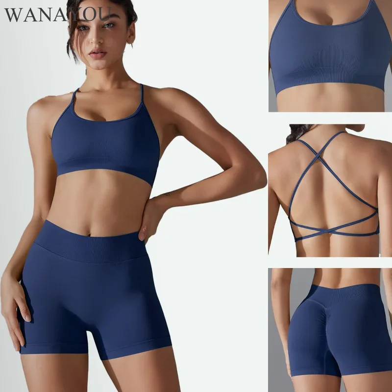 

WANAYOU Cross Back Yoga Bras Set Seamless 2pcs Sports Tracksuit Buttocks Gym Fitness Shorts Sets Black Workout Running Crop Tops