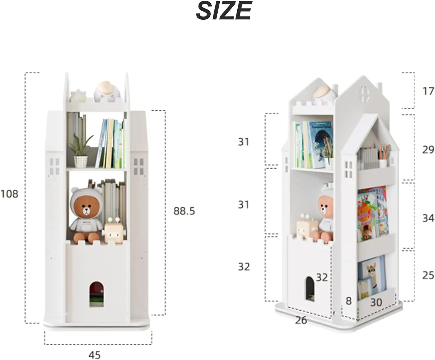 Revolving Bookcase,360° Children Bookshelf,Multi-Functional Floor Standing Book Storage Rack Organizer for Kids Room Bedroom-Whi