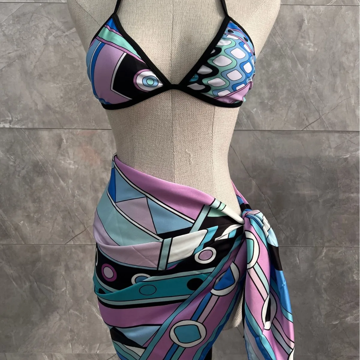 

European Fashion Luxury Design Women's Swimsuit Set with Silk Scarf Sexy Beach Bikini Swimwear