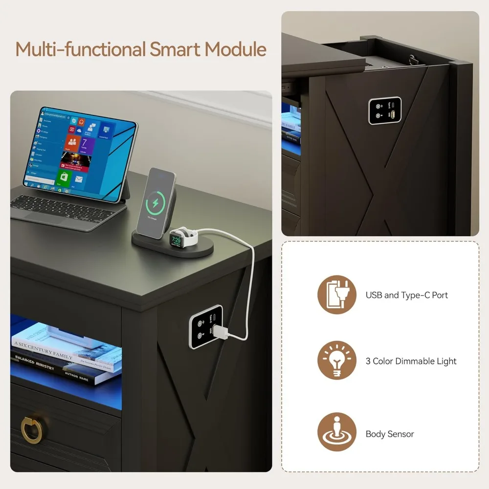 Rustic Wood Nightstand with Human Sensor LED Lights, Charging Station, and Gun Drawer for Bedside Use