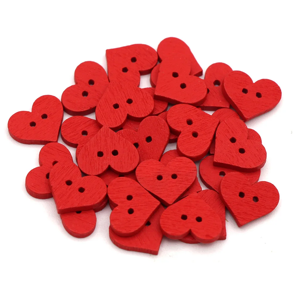 50Pcs Red Heart Decorative Button 2-Holes Wooden Buttons for Clothing Love Craft Supplies DIY Bags Sewing and Needlework 15x13mm