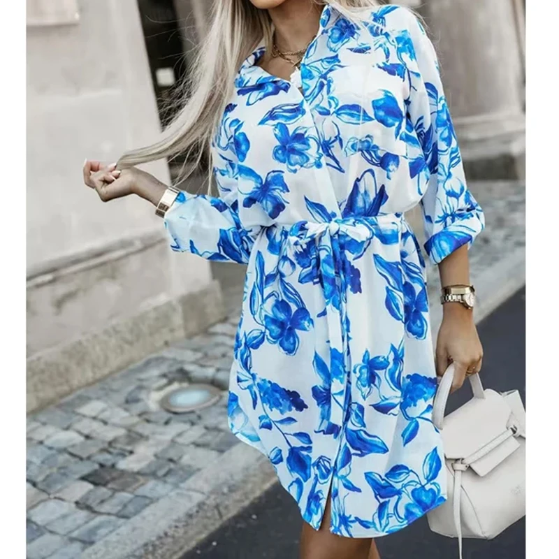 فستان أنيق مطبوع عليه زهور فستان نسائي موضة فضفاض برباط على شكل حرف a قصير فستان حفلات غير رسمي ملابس خروج نسائية ملابس بسيطة