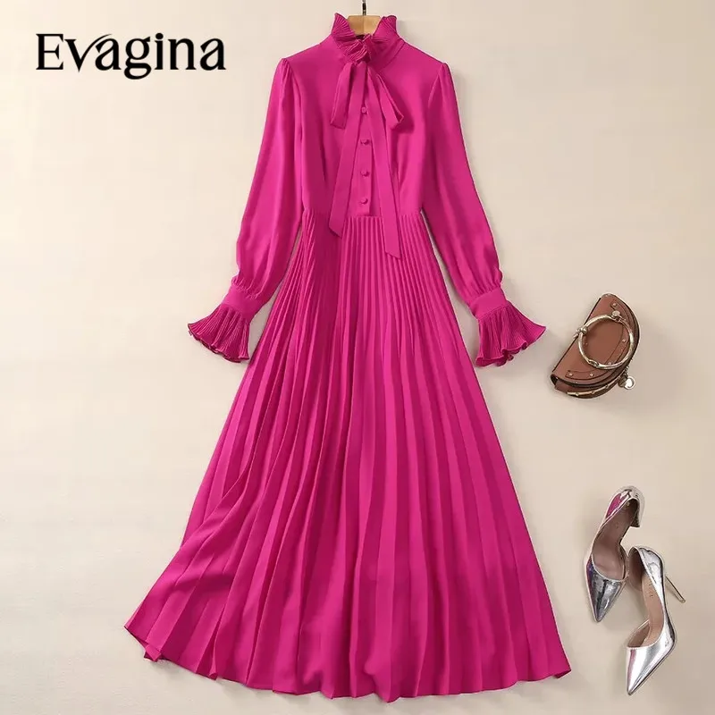 

Evagina New Fashion Runway Designer Women's Standing Collar Frenulum Flared Long Sleeved Single Breasted Pleated Slim Fit Dress