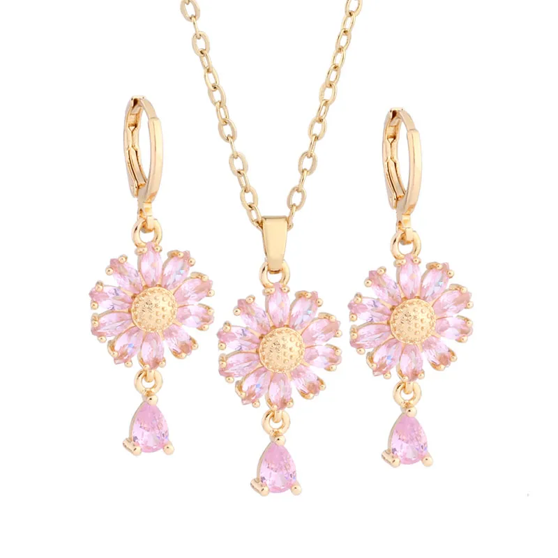 New Luxury Jewelry Sets Of Necklaces And Earrings Gold Color Flower Earrings Pink Natural Zircon Daily High Quality Jewelry Sets