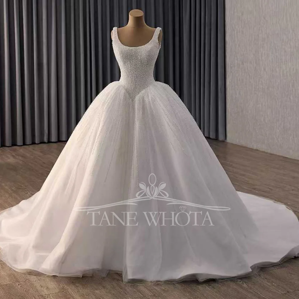 

2026 Элегантное бальное платье без рукавов с жемчугом и овальным вырезом на шнуровке сзади, свадебное платье по индивидуальному заказу