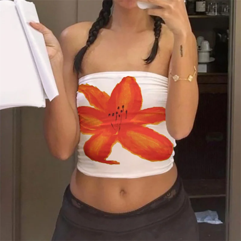 Y2k Tube Top Women Floral Graphic Off Shoulder Strapless Backless Sleeveless Sexy Going Out Fitted Crop Bandeau Tank Streetwear