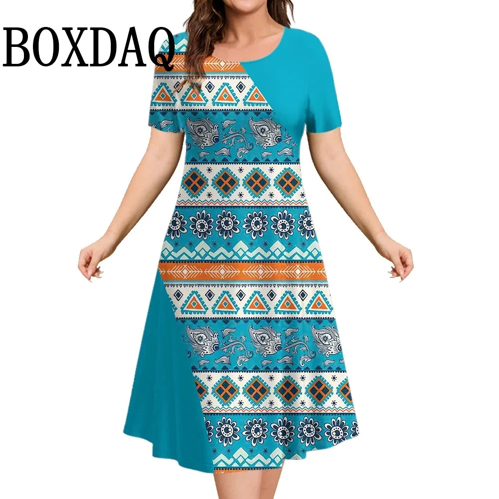 Ethnic Style Vintage Women's Dresses Plus Size Summer Casual Geometry Graphic Short Sleeve Dress Fashion Loose Large Sizes 9XL