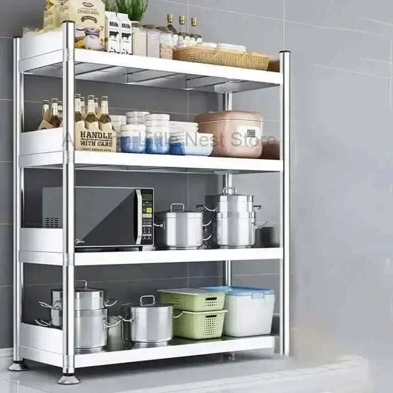 

with Floor Cabinets Fence Stainless Steel Kitchen Multi-layer Storage Cabinet Microwave Storage Rack Household Kitchen Furniture