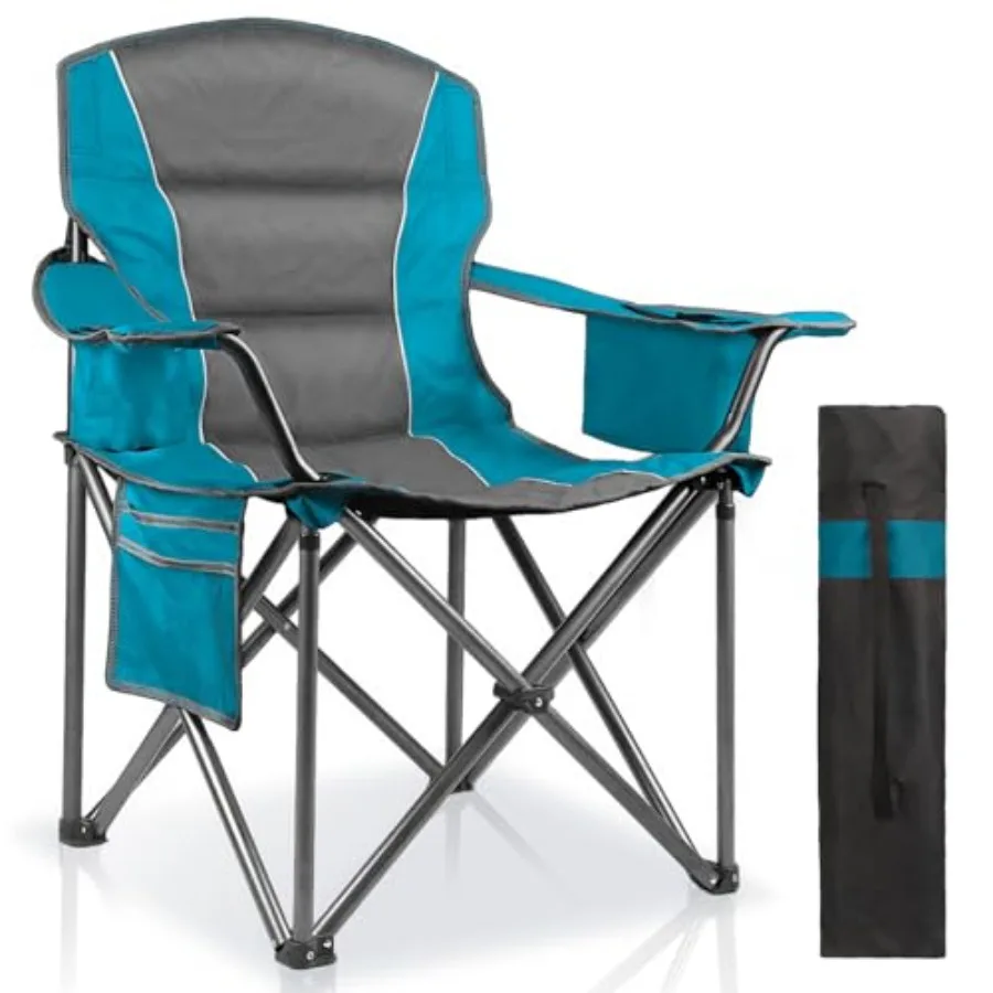 

Oversized Padded Camping Chairs for Adults, Heavy Duty Support 400 Lbs, Folding Portable Lawn Chair w/Cup Holder, Cooler Bag, S