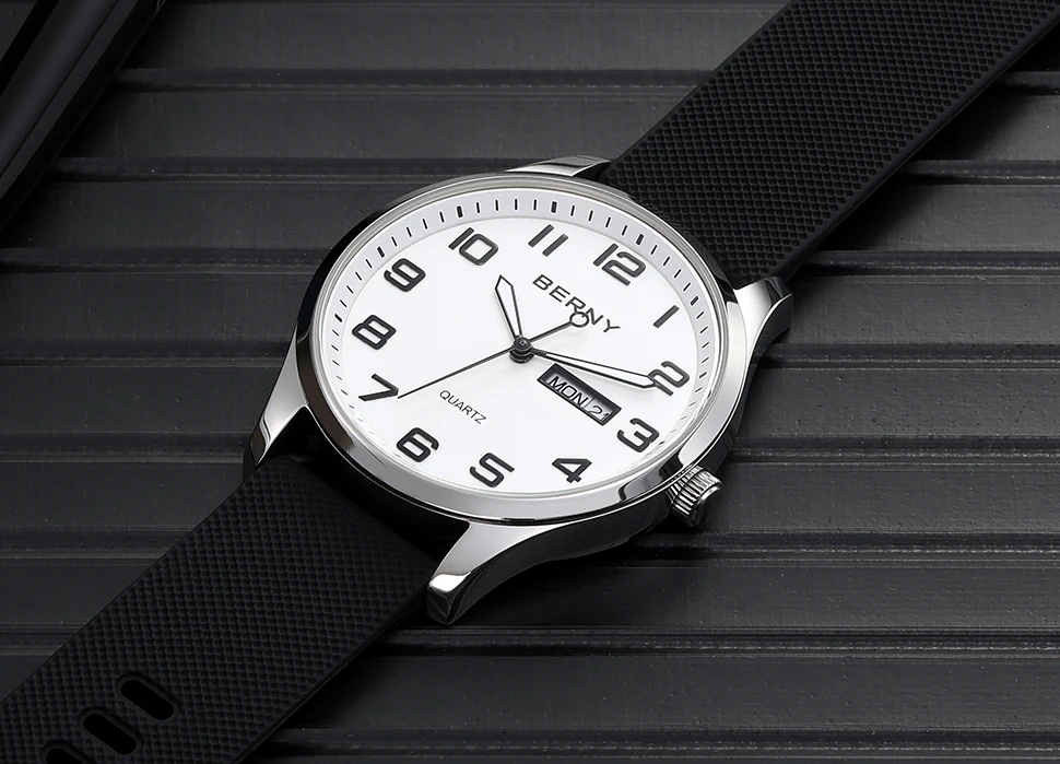 BERNY Uhren für Herren, Quarz, lässig, Sport, Herrenuhren, weiches Silikonarmband, großes Zifferblatt, Kalenderwoche, leicht ablesbare Armbanduhr – Detail 20