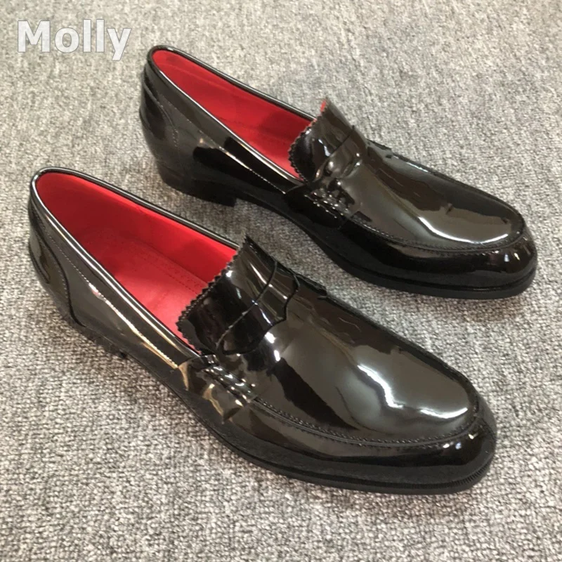 2025 Red Rhinestone Shoes Men's Pointed Leather Shoes Black Shiny Leather Flat Shoes Men's Fashionable Date Party Shoes