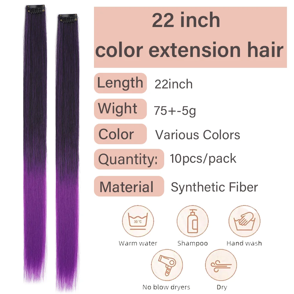 10 Stück/Packung, farbige Haarverlängerungen zum Anklipsen für Mädchen, 22 Zoll, verschiedene Farben, glattes, synthetisches Haar. – Detail 2