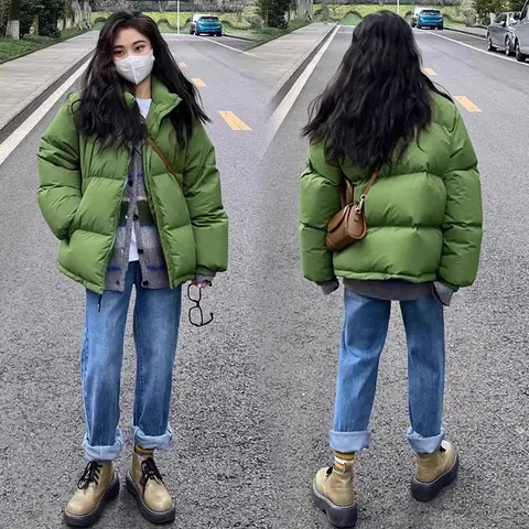 여성용 다운 재킷 2024년 겨울 긴 소매 여성용 루즈핏 짧은 스탠드 칼라 다운 재킷 패딩 코트 다운 재킷