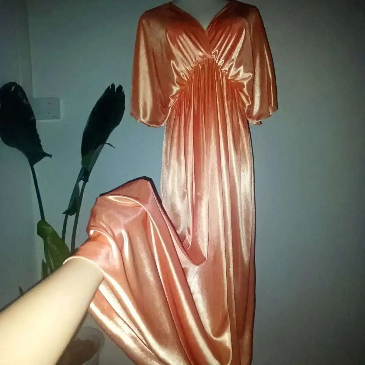 Solid Glossy Backless Women Satin Loose Maxi Dress Deep V Neck Plus Size Sexy Sleeping Robe