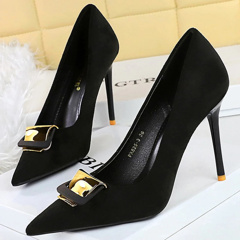 BIGTREE Shoes Metal Buckle Decoration Women Pumps Suede High Heels Ladies Shoes Stilettos Luxury Women Heels Shoes Large Size 43