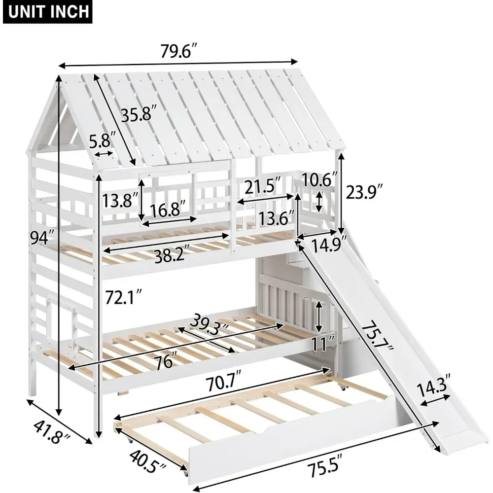 Bunk Beds, with Slide, Twin Bunks Beds with Storage Stairs and Trundle, with Roof and Window Design ,Wood Kids Bunk Bed