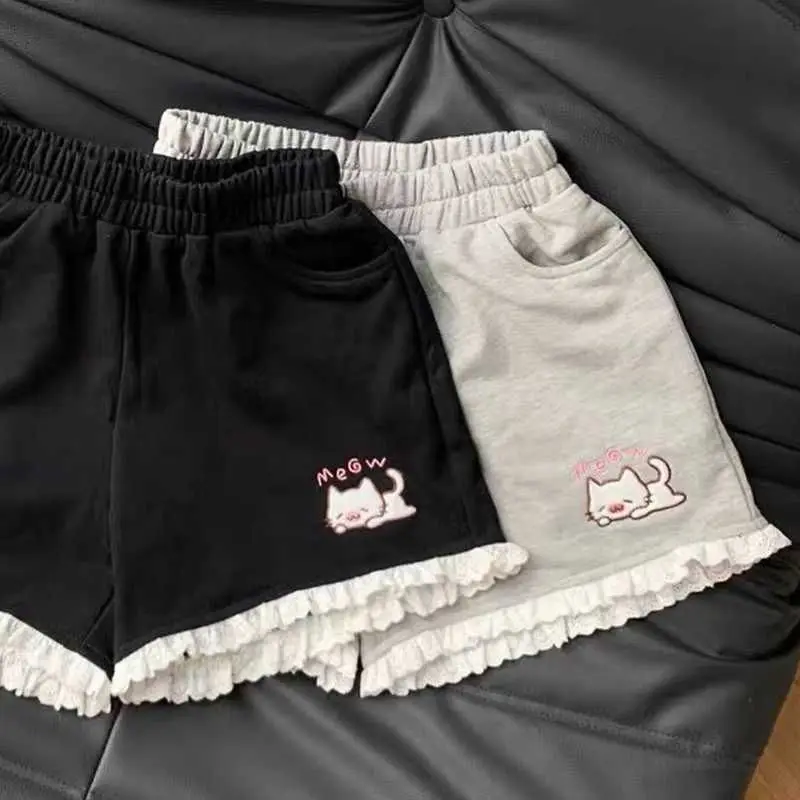 Pantaloncini sportivi a vita alta alla moda Pantaloncini corti a gamba larga con ricamo gatto carino Y2K Abbigliamento femminile casual estetico 2025 Estate Nuovo