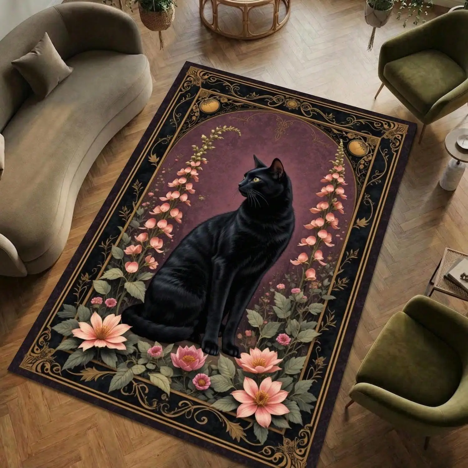 Gothic Black Cat Floral Carpet, Dark Academy Style Retro Home Decor