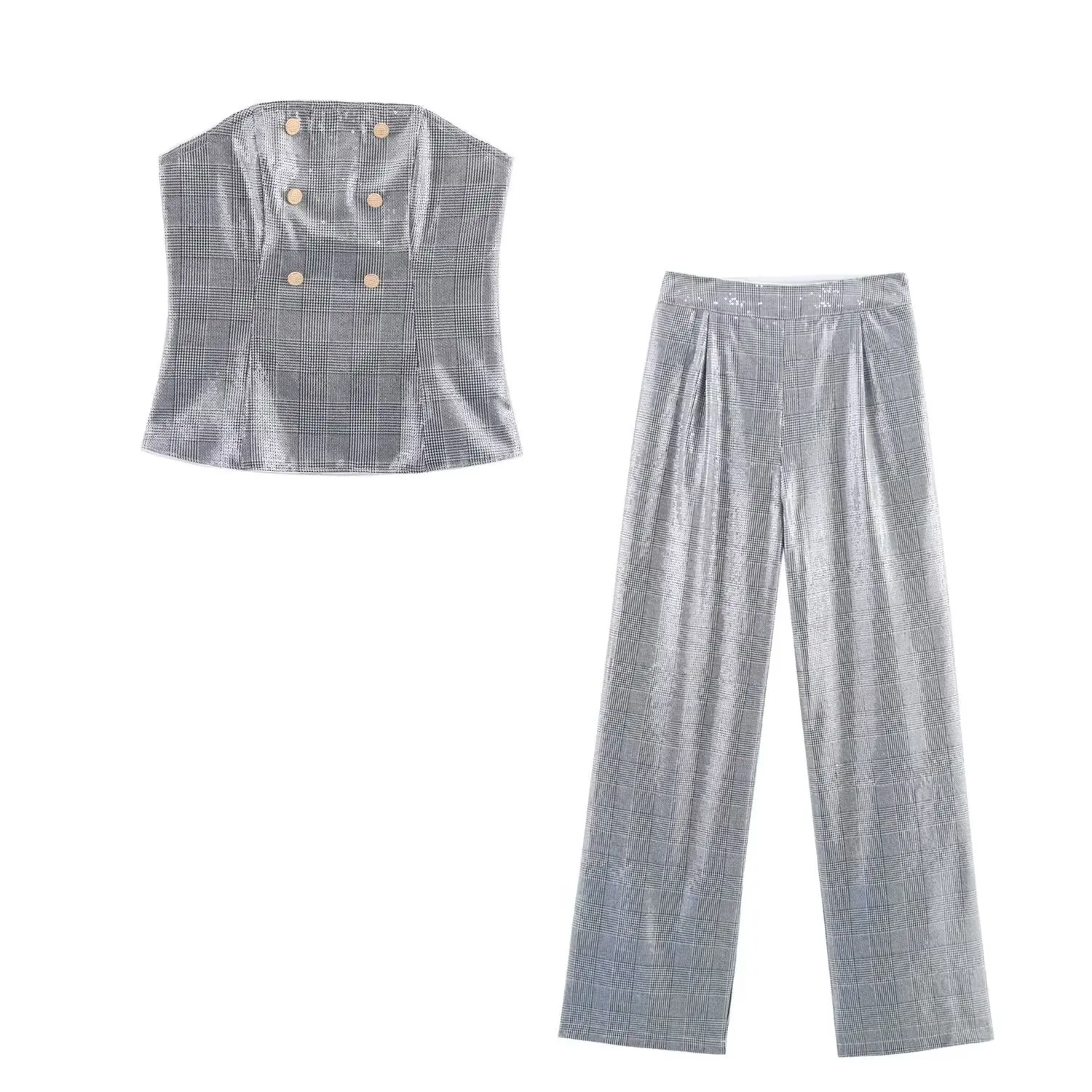 

Womens Two Piece Pant Elegant Sequin Checkered Sleeveless Strapless Bustier Sequin Checkered Mid-length Wide - leg Pants Set