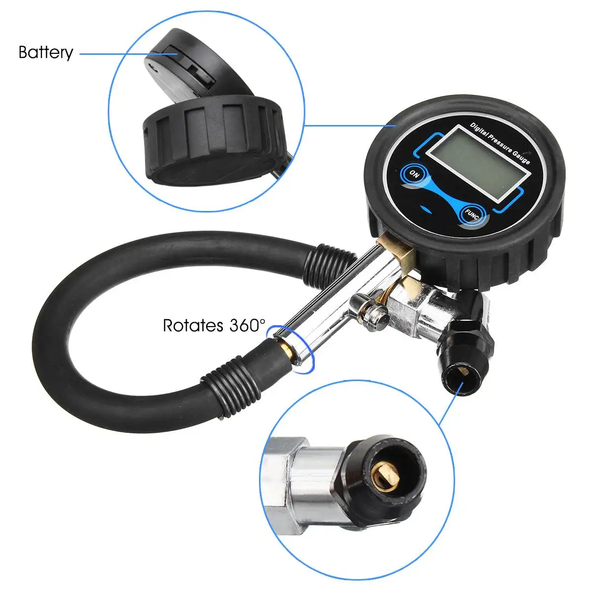 200PSI Multi-function Car Truck Air Tire Inflator Digital Pressure Gauge with Air Chuck & Hose