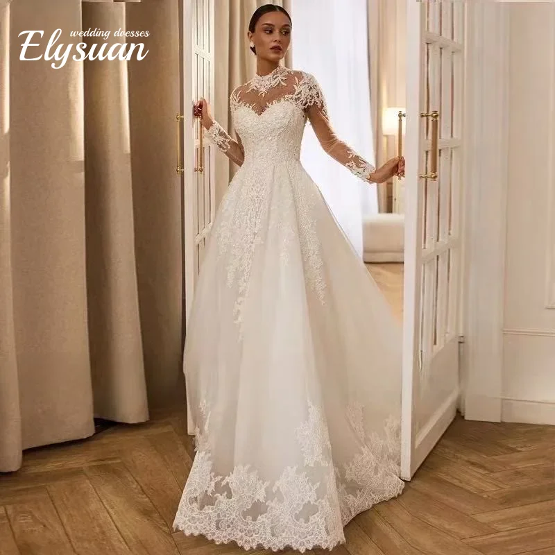 Maßgeschneiderte wunderschöne High Neck Perlen Perlen Brautkleider A-Linie Applikationen Spitze Langarm Brautkleid Vestidos de Novia