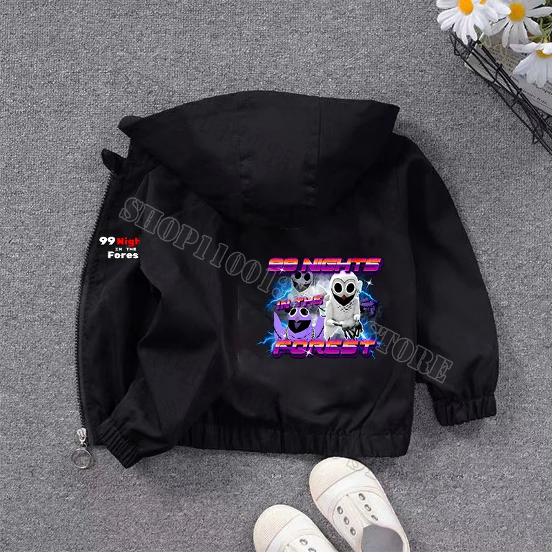 Jaket Lengan Panjang 99 Nights in Forest Boys Jaket Zip Up Berkerudung Motif Game Hitam Keren Pakaian Atasan Tahan Angin Musim Gugur Musim Semi
