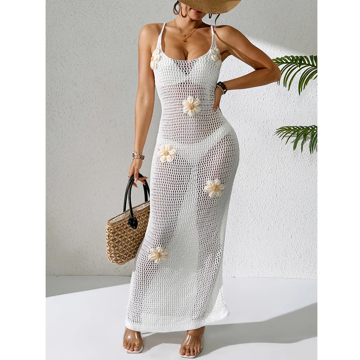 Sukienka w stylu euroamerykańskim, miękka dzianina, seksowny rozcięcie z boku, ręcznie robiona na szydełku sukienka w kwiaty, wiązana na plecach, sukienka plażowa, letnia sukienka.