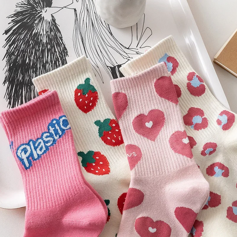 Spring Autumn Pink Letter Love Strawberry Socks Women Fashion Versatile Japanese Cute Ins Trendy Long Socks Medium Socks