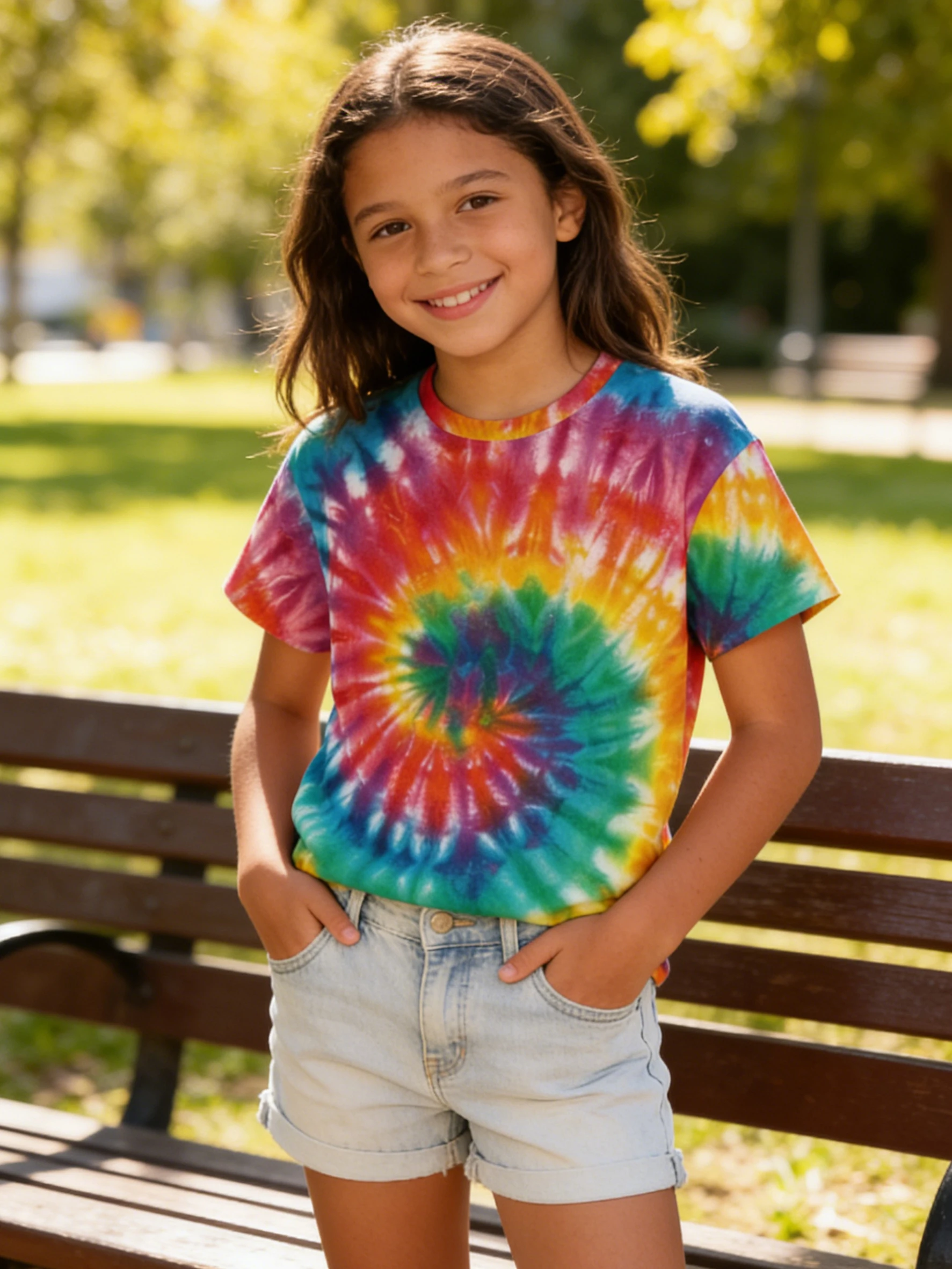Eye-catching vitality children's tie-dye, printed T-shirt, colorful rainbow tones, silky soft fabric