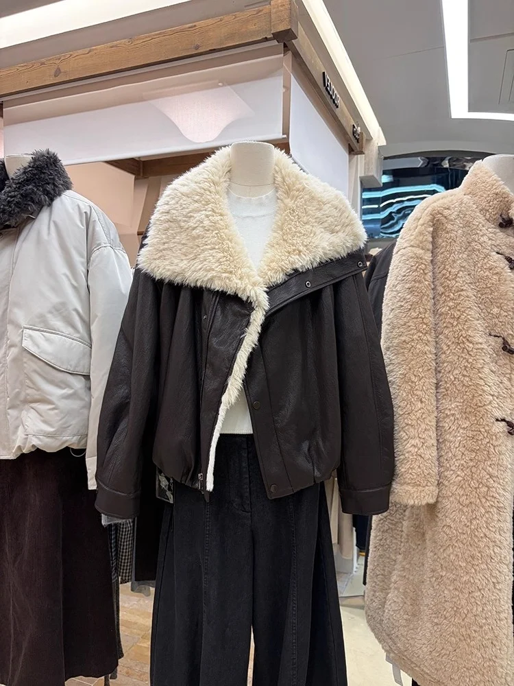 

Женская зимняя куртка Bury с воротником из овечьей шерсти, маленький размер, корейский стиль, теплая, из искусственной кожи с мехом, с флисовой подкладкой
