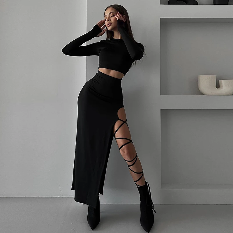 Solid Sexy Two Piece Set Long Sleeve Crop Top High Split Bandage Long Skirt Set Club Outfits Summer and autumn  XY23461G1