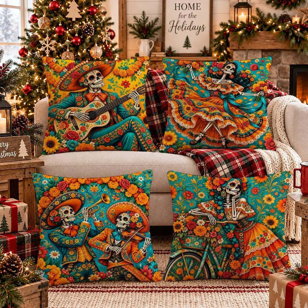 Marigold Skeleton Fiesta Variants Cushion Cover Soft Short Plush Pillow Cover Smooth Cozy Texture Cushion Case Home Decor