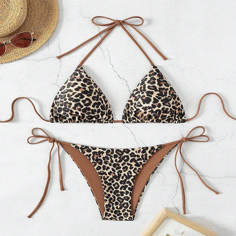 

Sexy Leopard Print 2 Pcs Swimsuit Set Triangle Bra Suspender Halter Backless Bikini Set Beach Vacation Lace-up Swimwear Trikini
