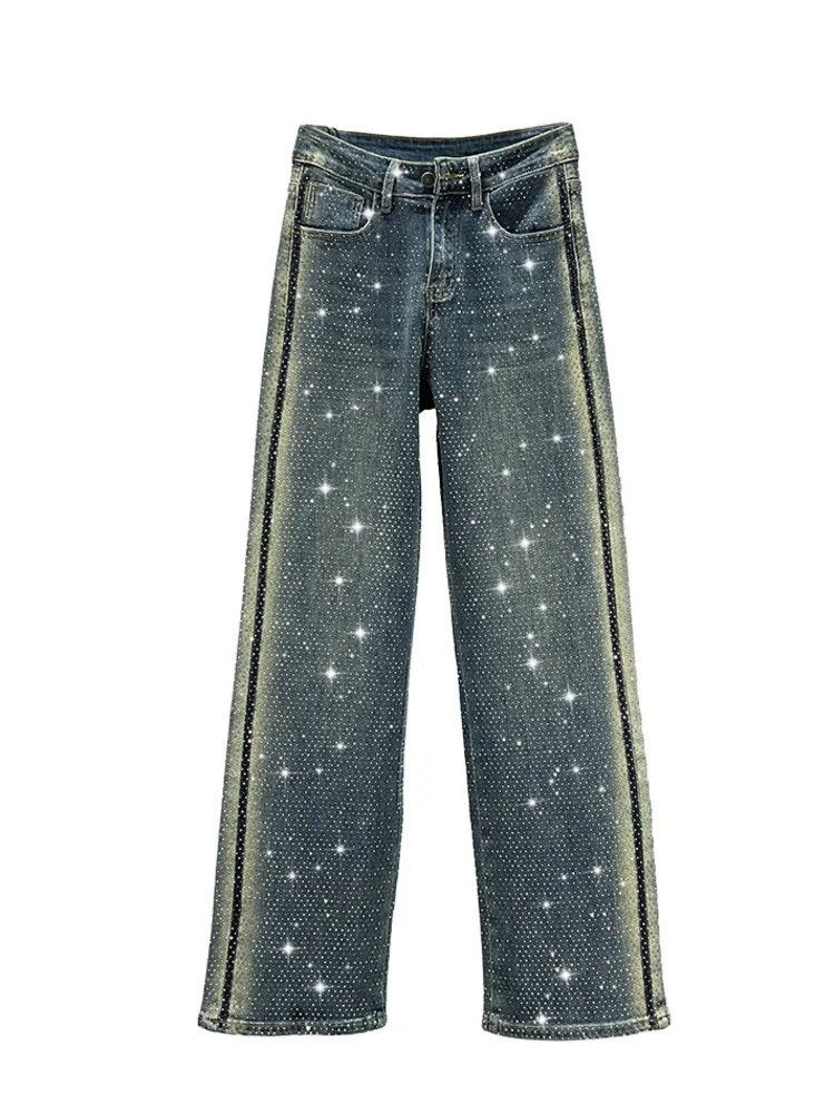 DEAT Women's Denim Pants Diamond Rhinestone Loose Straight Full Length Washed Do Old Stretch Trousers 2024 Autumn New Fashion