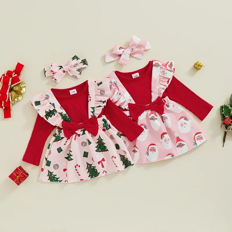 Christmas Newborn Baby Girls Clothing Sets Red Ribbed Long Sleeve Rompers+Xmas Tree/Santa Claus Print Suspender Skirts Headband