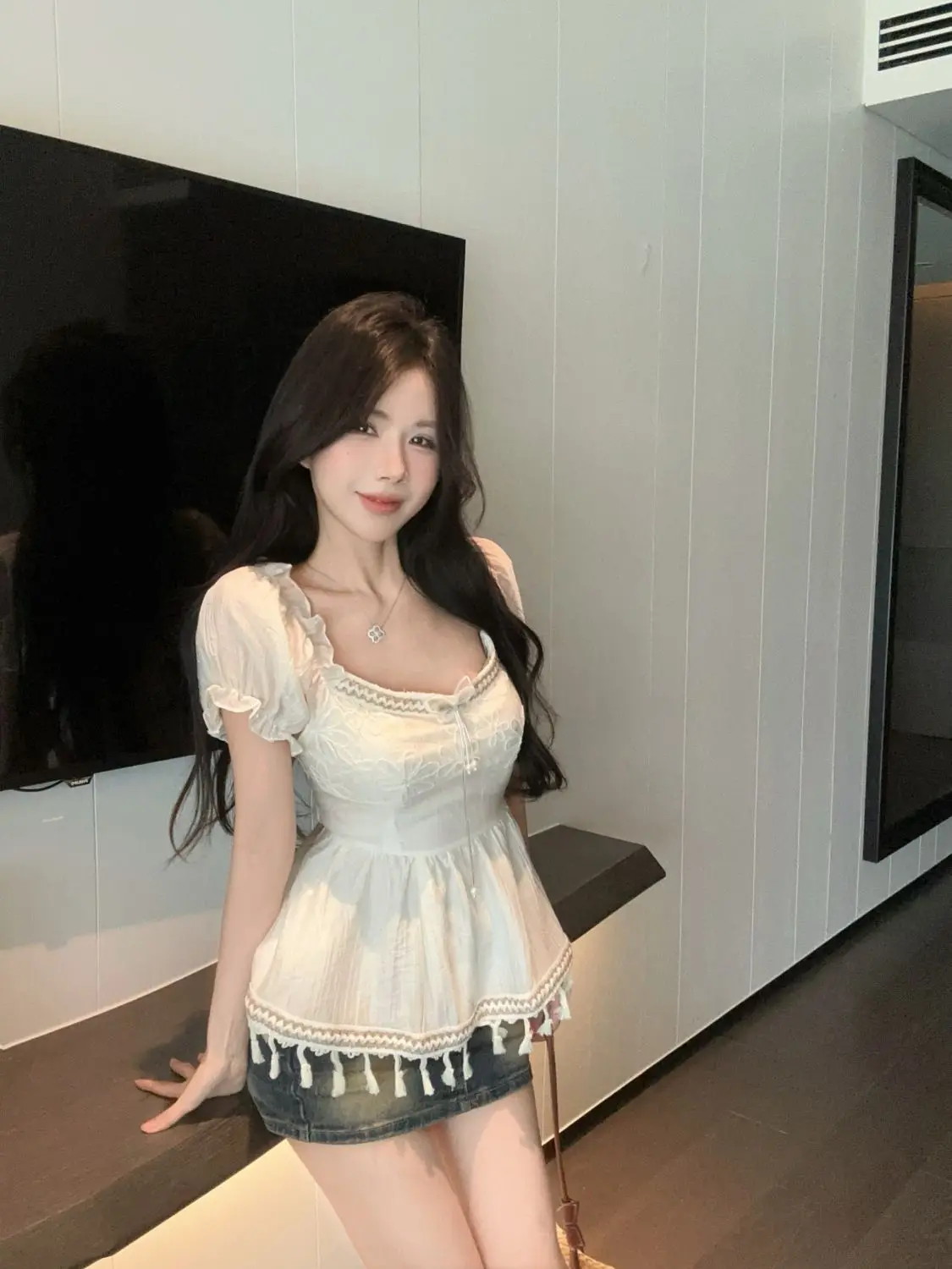 2023 sommer Bluse Französisch Süße Kurzarm Shirt Frauen Slim Fit Schlanke Taille Quaste Spleißen Ins Top Blusas Mujer