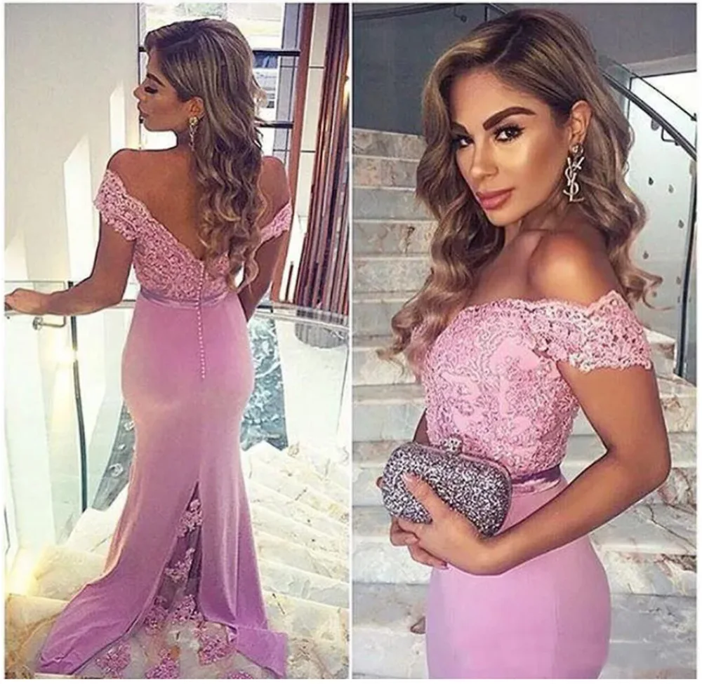 

Sexy Off-Shoulder Mermaid Bridesmaid Dresses Floor-Length Sweep Train Applique Lace Elastic Satin long Backless Plus Size Custom